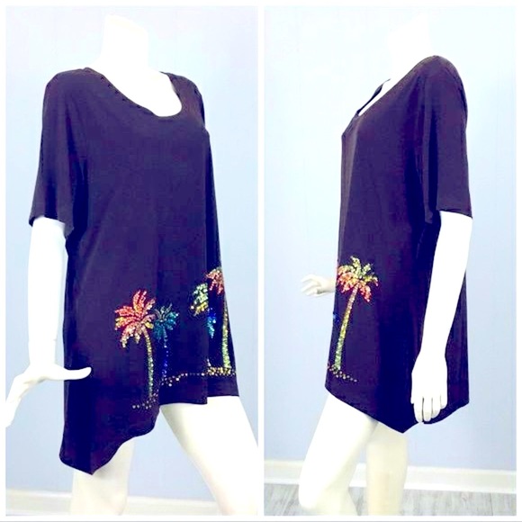 QUACKER FACTORY Dream Knits Sequin Palm Trees Blue Blouse NWOT - Picture 1 of 11